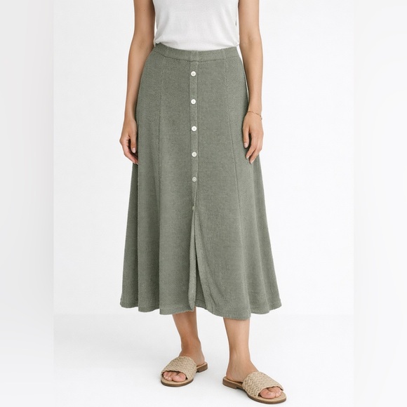 Isabella Bird Linen Silk Knit Button Front Midi Skirt Olive Green Size L Coastal - Picture 12 of 12